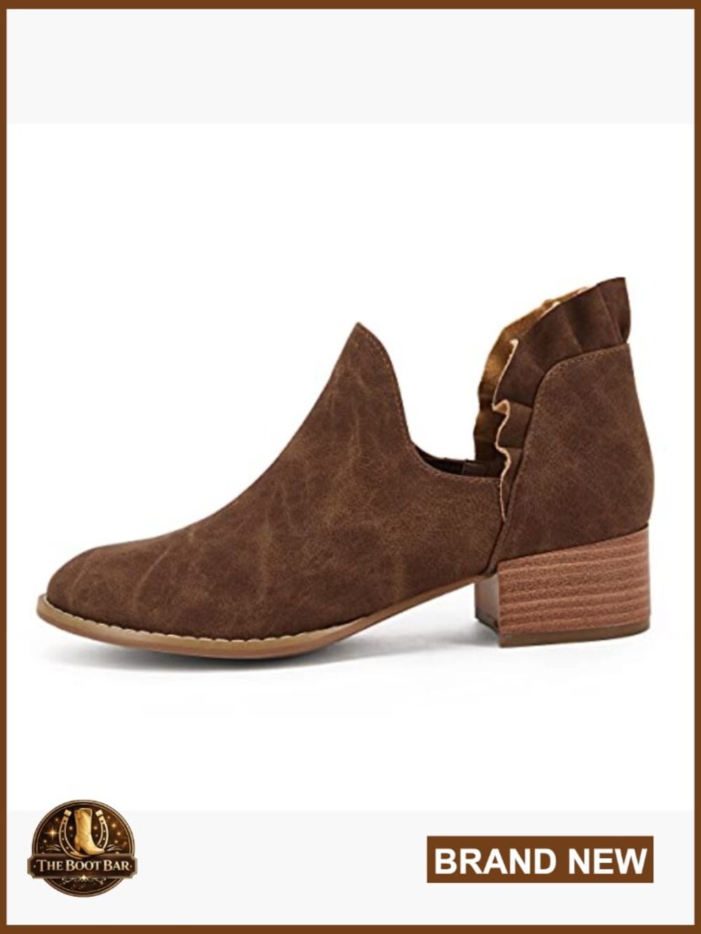 Ruffled V Cut Out Pointed Toe Chunky Low Heel Ankle Booties - Picture 2 of 6